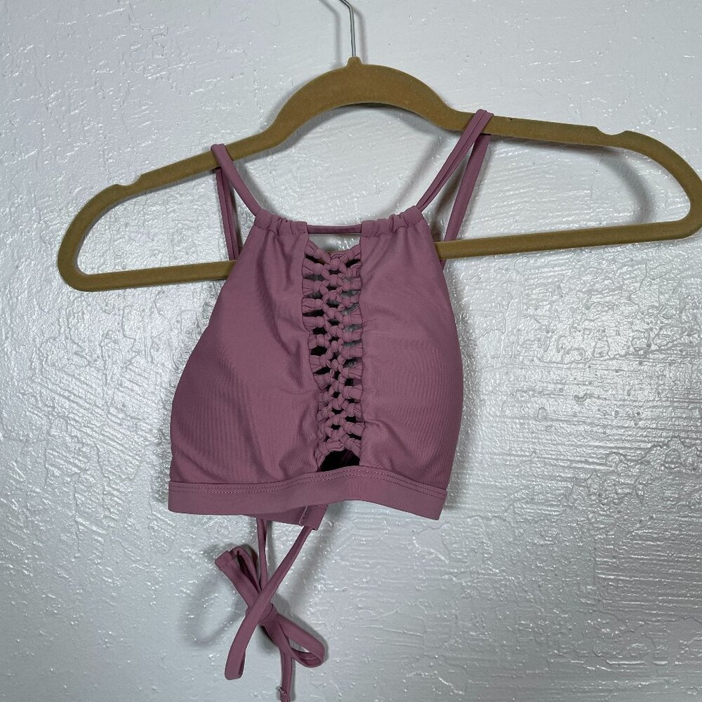 Ron Jon Surf Shop Women M Mauve Pink Bikini Top Crochet High Neckline Crisscross